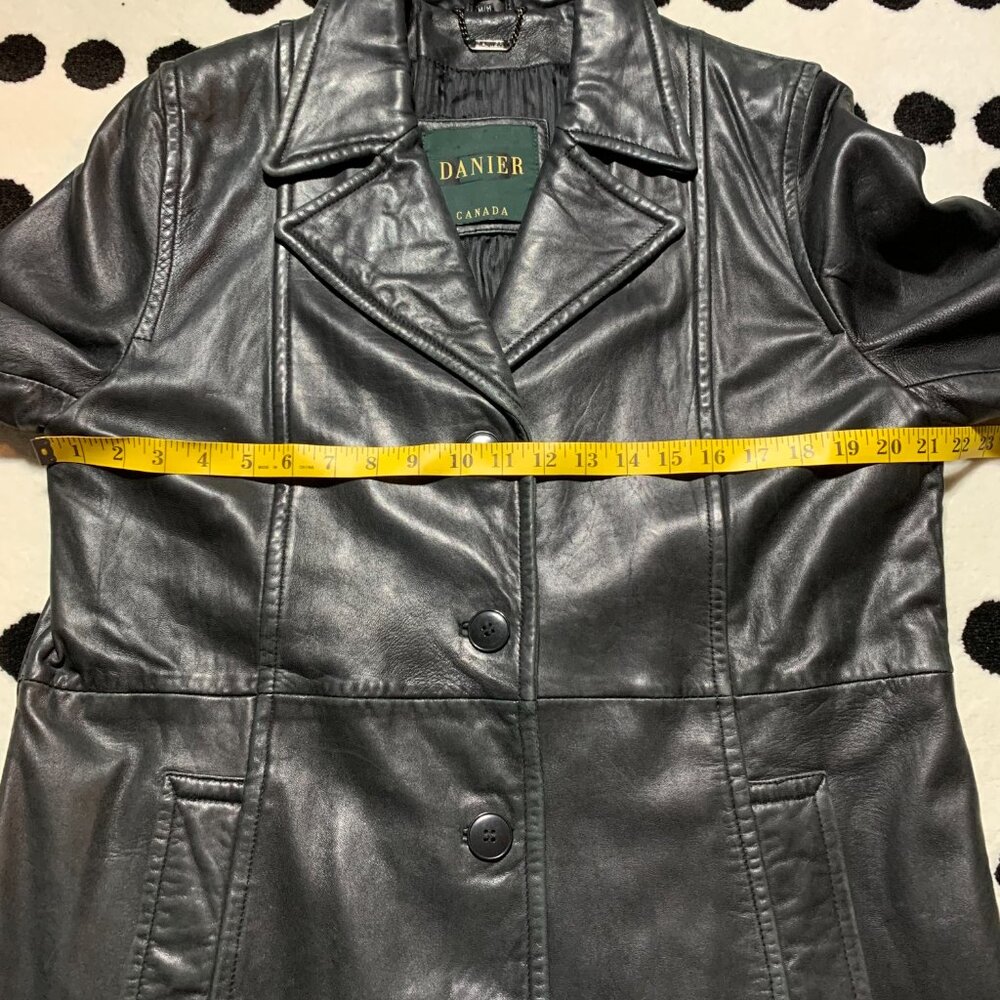 Vintage 90s Danier Black Leather Blazer Trench Coat Overcoat Longline Jacket - Picture 11 of 16